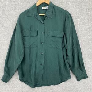 Paul Harris Design Top Womens Small Green Silk Button Down Long Sleeve Pockets